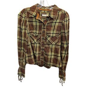 Free People Sun City Brown Plaid Balloon Sleeve Flannel Top Boho Western Size XS